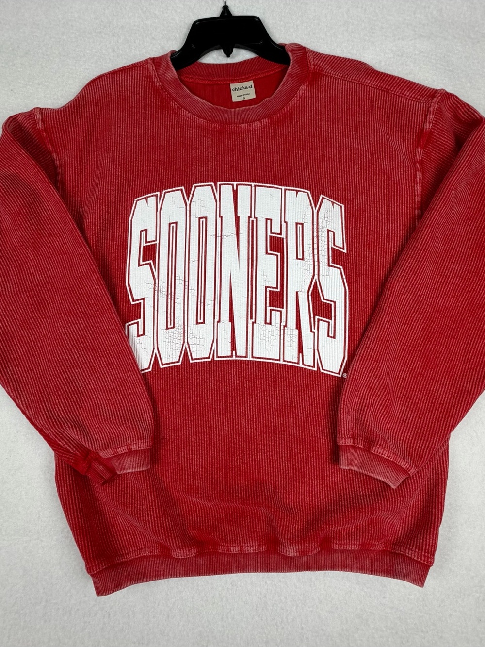 Red Corded Crewneck Sweatshirt with SOONERS Graphic